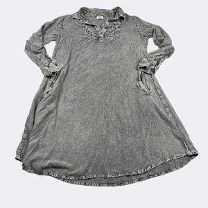 CC Chic Connection Gray Embroidered Crinkle Shirt Dress LP Petite Boho Casual